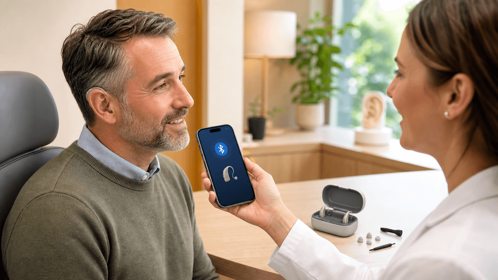 Person holding a smartphone with a Bluetooth icon beside a beige hearing aid on a clean blue background