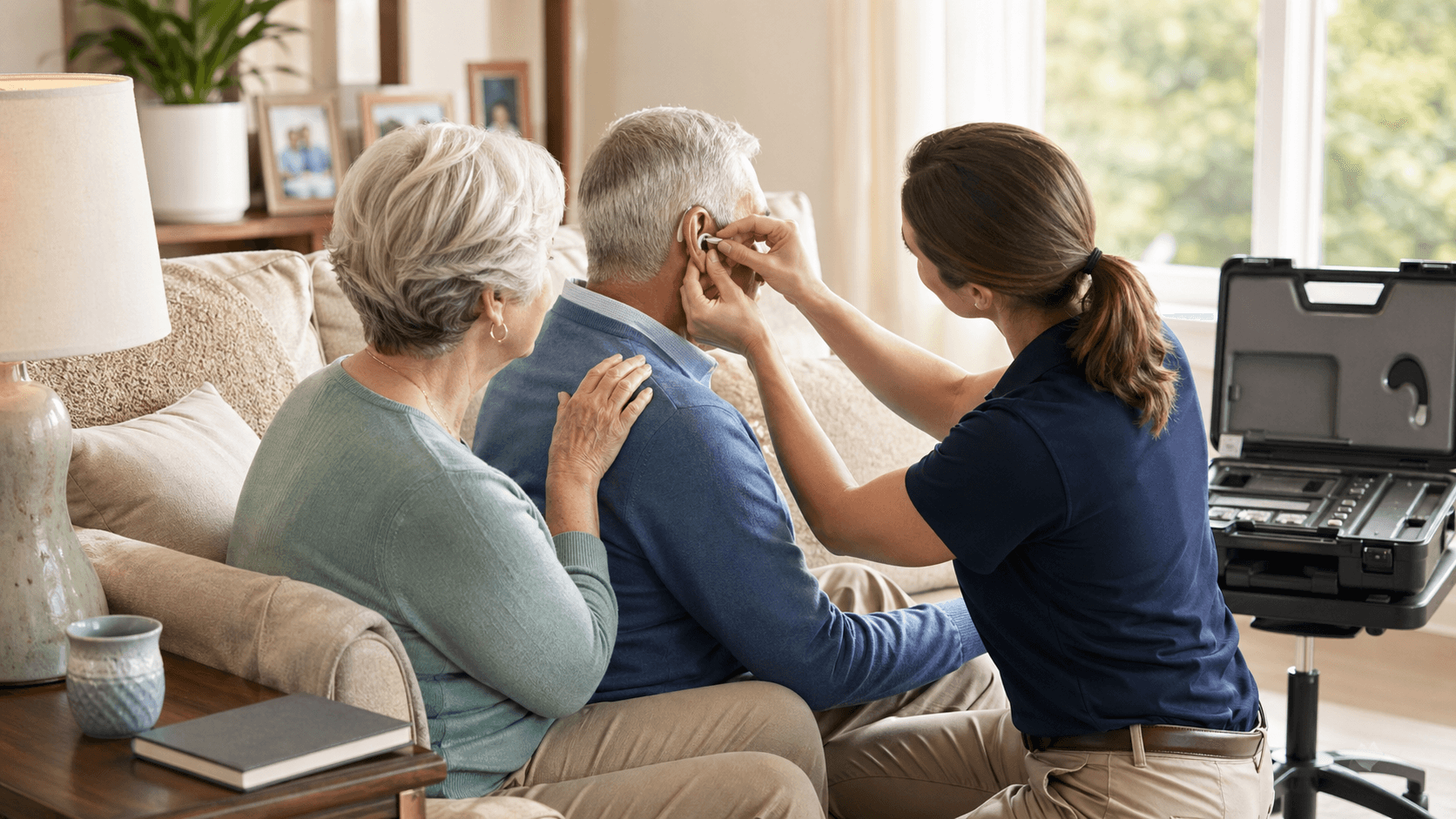 Audiologist in blue scrubs holding an otoscope and clipboard beside a smiling family in a bright living room