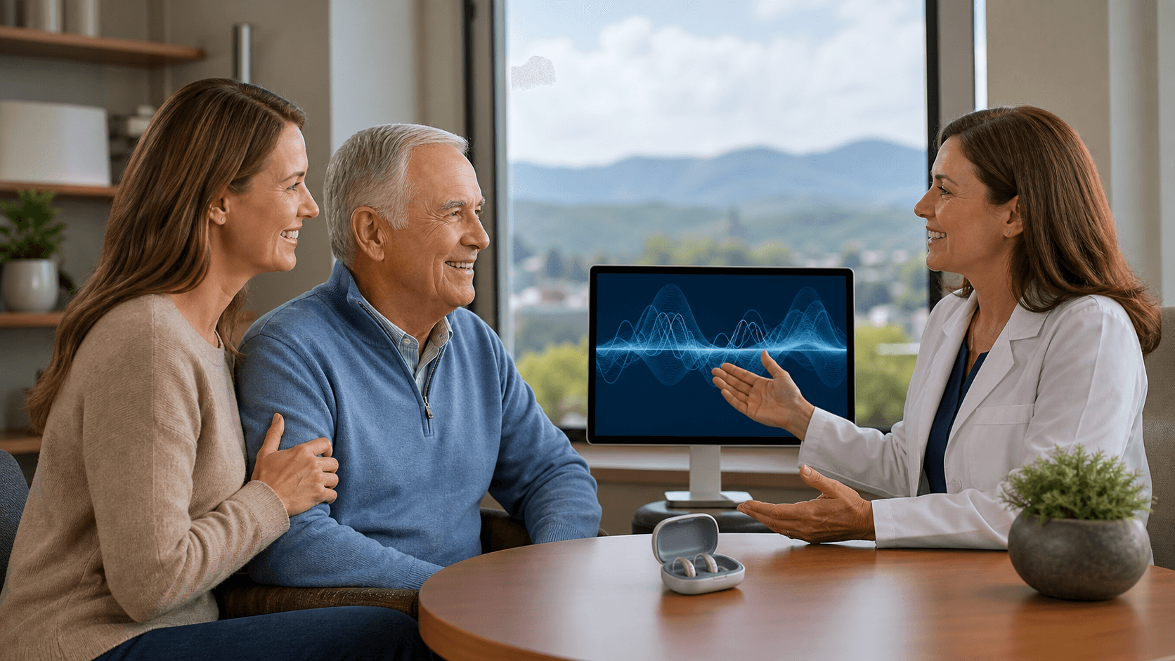 Smiling family seated together in a bright clinic as an audiologist discusses hearing test results.